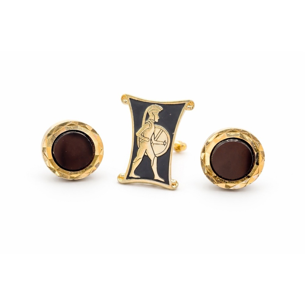 Vintage Hickok Swank Cufflinks Tie Bar Set Gold Tone Black Enamel Roman Warrior